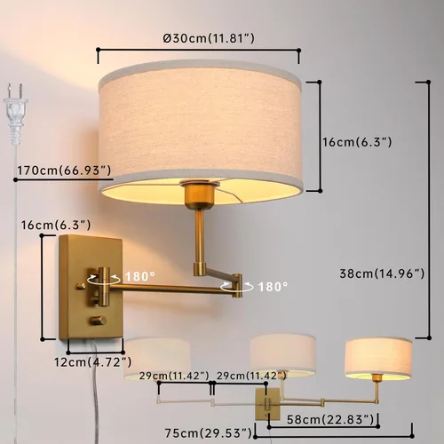 Miniatura 2 de Aplique de pared de tela textil de lino vintage Swing Arm, Adjustable, with on/Off Switch, Brass Gold Wall Mounted Lamp, Reading Light Fixture for