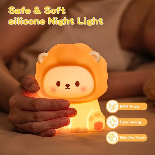 Miniatura 3 de Linda luz nocturna de león para niños, lámpara recargable de guardería con temporizador, 3 niveles de brillo y luz cálida, luz nocturna de silicona