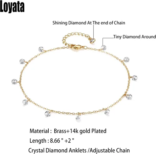 Miniatura 5 de LOYATA - Tobillera delicada bañada en oro de 14 quilates para mujeres, con pequeña cruz de circonia cúbica blanca y borlas bonita joyería