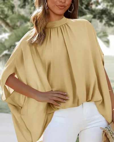 Miniatura 104 de BTFBM Blusas de verano para mujer, cuello alto falso, manga murciélago, holgadas, dobladillo alto y bajo, blusas informales de gran
