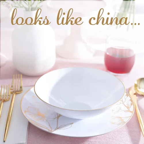 Miniatura 4 de PLASTICPRO [16 OZ 20 unidades] Platos de fiesta de plástico blanco con diseño floral, cuencos de sopa con borde dorado, vajilla desechable elegante