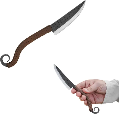 Lord of Battles Cuchillo vikingo forjado a mano con agarre de cuero, cuchillo de hierro estilo nórdico para acampar al aire libre, cocina y