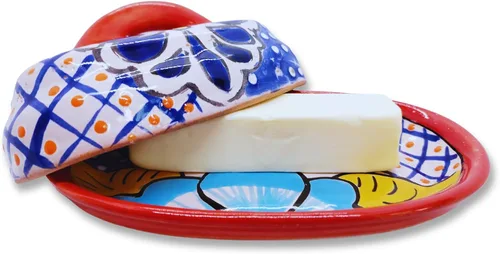 Miniatura 3 de Cuenco para Mantequilla de Cerámica Talavera con Tapa Pintada a Mano, Auténtica Cerámica Mexicana de Cocina, Diseño Floral (Rojo)