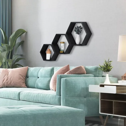 Miniatura 6 de PHOENANCEE - Estantes flotantes hexagonales, juego de 3 estantes de nido de abeja, estantes de pared de madera estilo granja para almacenamiento