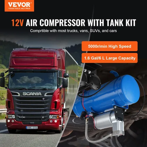 Miniatura 2 de VEVOR Compresor de aire de 12 V con tanque de 1.6 galones, compresor de bocina de tren, presión de trabajo de 120 psi, neumáticos inflados, Azul