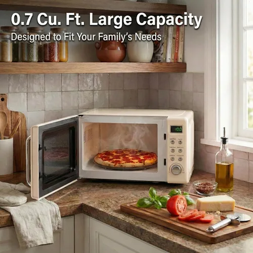 Miniatura 5 de SIMOE Horno microondas retro crema, 0.7 pies cúbicos microondas compacto de encimera, microondas pequeño de 700 W con pantalla LED, bloqueo