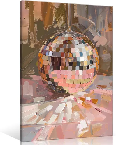 Miniatura 18 de Arte de Pared en Lienzo de Bola de Discoteca Rosa Suave de Moda, Póster con Textura de Bola de Espejo Plateada Funky para Chica, Impresión