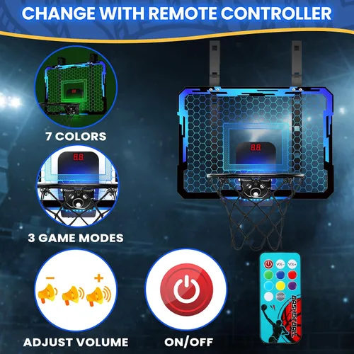Miniatura 7 de QDRAGON Aro de baloncesto para interiores para niños, mini aros de baloncesto sobre la puerta con 7 luces LED, juguetes de baloncesto, regalos