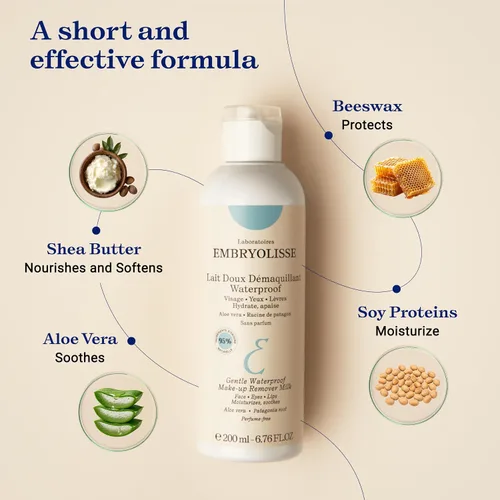 Miniatura 4 de Embryolisse Leche desmaquillante suave e impermeable, limpiador facial hidratante 4 en 1 para pieles sensibles con aloe vera y manteca de karité