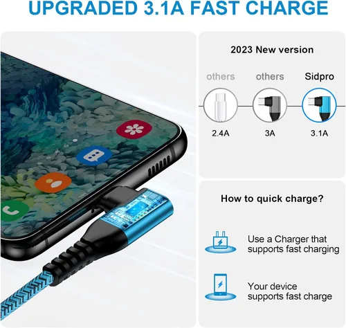 Miniatura 2 de Cable de carga USB C tipo C, cable de carga rápida, paquete de 2 cables de alimentación de teléfono Android de 6 pies en ángulo recto para Samsung