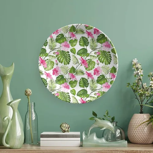 Miniatura 5 de XISUNYA Plato decorativo de 6 pulgadas, plato llano de hojas, hibisco hawaiano, cristal rosa, flor de palmera, estampado de hojas de palmera, adorno