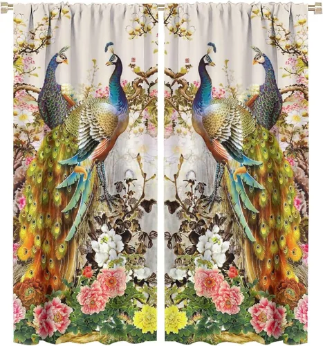 Miniatura 68 de Cortina opaca con estampado de pavo real, con estampado de animales retro, con bolsillo para cortinero y flores de peonía doradas, para dormitorio