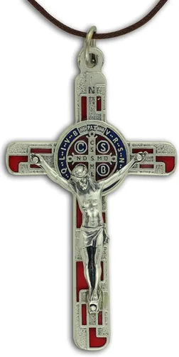 Gifts Catholic, Inc. Mosaico Estilo San Benito Crucifijo Colgante con Rojo con Esmalte Azul - 3 18", Metal oxidado de plata