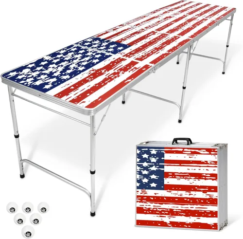 GoPong 8 Foot Portable Beer Pong/Tailgate Tables (Black, Football, American Flag, or Custom Dry Erase)