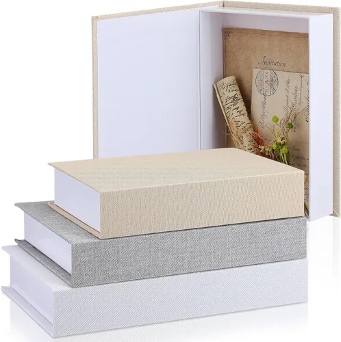 Miniatura 9 de Tioncy Caja de libros falsos de lino neutro, 3 piezas, decoración de imitación para decoración del hogar, estantes, mesa, tarjetas, fotos, regalo