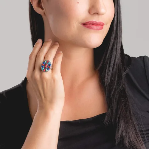 Miniatura 2 de Anillo de plata de ley American West con diseño de racimo de lapislázuli azul, turquesa y coral rojo, talla 5 a 10