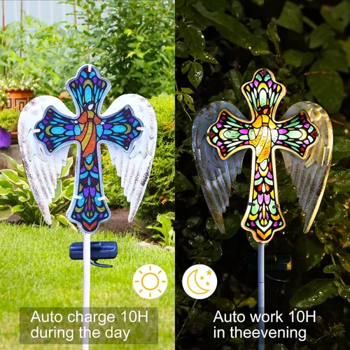 Miniatura 4 de YJFWAL Luz Solar de Estaca de Jardín con Cruz de Cristal, Decoraciones de Cementerio para Luces Exteriores de Tumba, Regalos Conmemorativos
