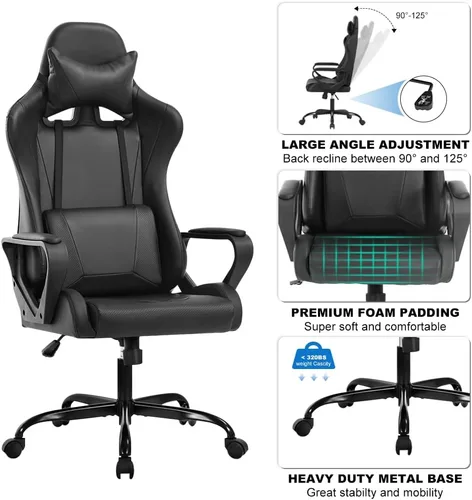 Miniatura 5 de Silla ergonómica para videojuegos, silla de oficina de piel sintética con respaldo alto y soporte lumbar ajustable y reposacabezas - Silla giratoria
