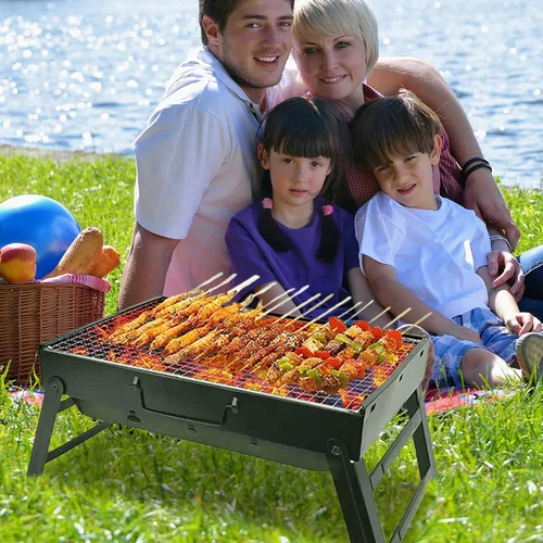 Miniatura 4 de Parrilla de carbón portátil para camping, pequeña parrilla de barbacoa de mesa para viaje de pícnic, juego de parrilla plegable y ligera, incluye