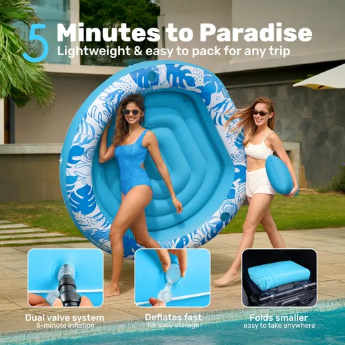 Miniatura 6 de SLOOSH Flotador inflable para piscina de bronceado, flotadores de piscina de 72 x 56 pulgadas para adultos con almohada, flotador redondo 4 en 1