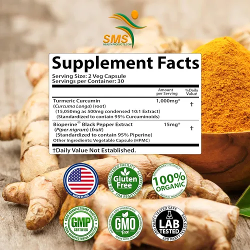 Miniatura 4 de Curcumina de cúrcuma de 1000 mg, sin rellenos, 95% curcuminoides con extracto de pimienta negra BioPerine, apoyo inmunológico natural, fabricado