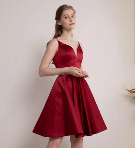 Miniatura 4 de Vestidos cortos de satén para baile de graduación, con tirantes delgados, vestidos de regreso a casa, cuello en V, con cuentas, vestidos de fiesta