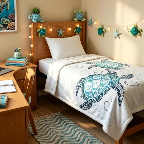 Miniatura 4 de Sleepwish Manta de vellón de tortuga marina para niños, suave felpa azul aguamarina, manta sherpa de tortuga para sofá, regalo para amantes