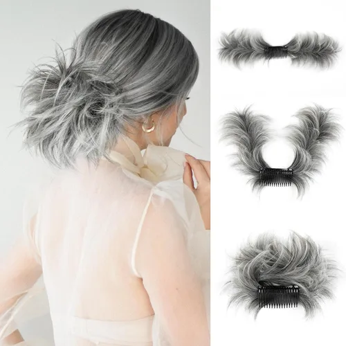Miniatura 26 de Postizo de Cabello de Moño Despeinado con Peine Lateral Clip en Postizo de Moño para Mujeres Corto Natural Liso Versátil Estilos Ajustables Piezas