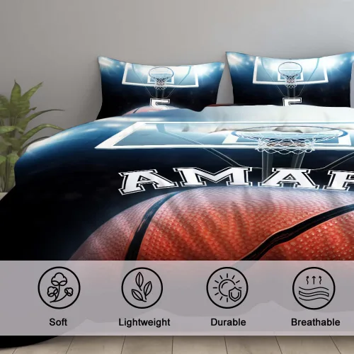 Miniatura 5 de Juego de ropa de cama personalizado de baloncesto tamaño individual, edredón deportivo personalizado con nombre y número para habitación de niños