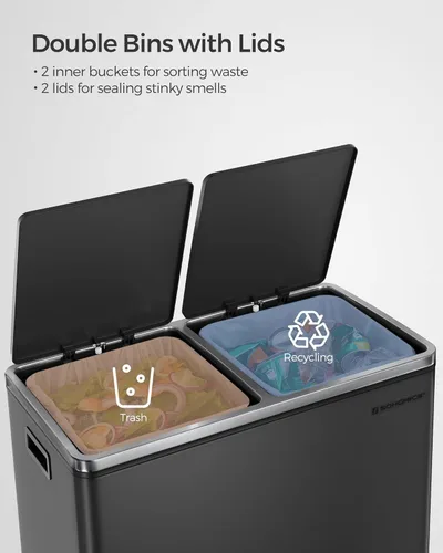 Miniatura 3 de SONGMICS Bote de basura, 2 botes de basura de 8 galones (2 x 30 L) para cocina, con 15 bolsas de basura, 2 compartimentos, cubos interiores de Negro