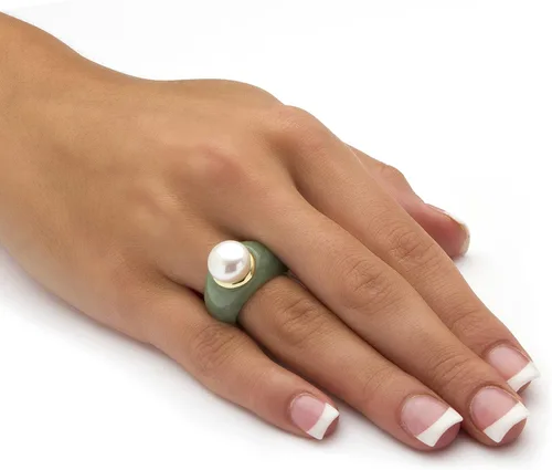 Miniatura 3 de Anillo redondo de oro amarillo de 10 quilates con perlas cultivadas de agua dulce (0.433 in) y jade verde