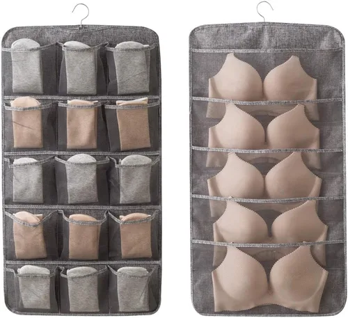 Bseash Organizador de Sujetadores Colgante de Armario Ampliado con Colgador de Metal Giratorio, Estante de Pared de Doble Cara con Bolsillos de gris