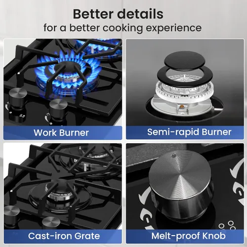 Miniatura 4 de Placa de cocina de gas con 2 quemadores, estufa de gas integrada de 12000 W, estufa de gas de vidrio templado de cristal negro, estufa de propano