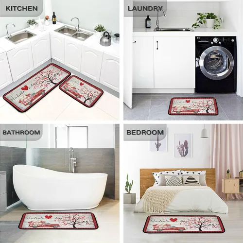 Miniatura 5 de Juego de 2 alfombras y tapetes de cocina retro con diseño de camión rojo con diseño de árbol de corazón, diseño de búfalo rojo, antifatiga