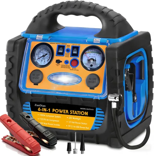 Arrancador de Batería 6 en 1 de 1800 Amperios con Compresor de Aire Inflador de Neumáticos 260PSI, Paquete Amplificador de Arranque de Batería de