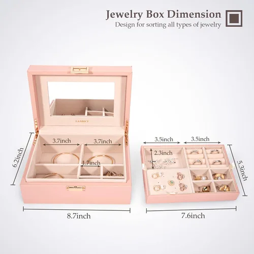Miniatura 6 de LANDICI Organizador de joyas para mujeres y adolescentes, estuche grande de almacenamiento de joyas con espejo y bandeja extraíble de 2 capas