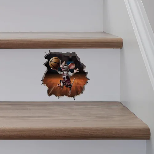 Miniatura 5 de My Wonderful Walls Adhesivo de pared 3D de ratón de baloncesto con agujero de ratón, calcomanía de vinilo naranja y blanco para paredes, ventanas