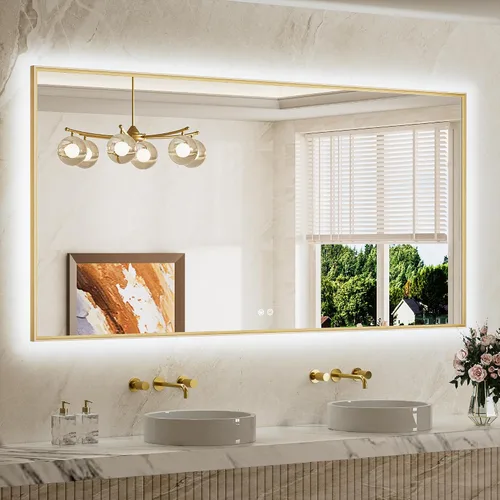 Miniatura 23 de TETOTE Espejo de baño retroiluminado de 30 x 36 pulgadas, marco de metal dorado cepillado, luz LED, 3 colores, blanco/cálido/natural, sin escalones