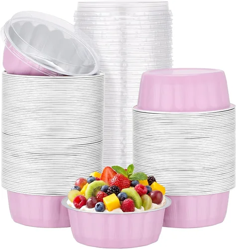 Miniatura 17 de Beasea Ramequines con tapas, 8oz 50 unidades de tazas de aluminio desechables para hornear, tazas de papel de aluminio plateado para creme brulee