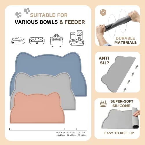 Miniatura 5 de Tapete de silicona para comida para gatos, tapete de alimentación de mascotas para el suelo, antideslizante, impermeable, bandeja para agua