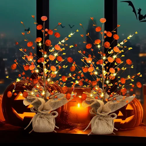 Miniatura 5 de Ganeen 2 piezas de decoración de mesa de árbol de otoño iluminado de Acción de Gracias LED de 18 pulgadas, mini centro de mesa de otoño, calabaza
