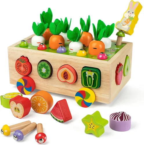Coogam Montessori - Juguetes de motricidad fina para bebé pequeño, clasificador de formas de madera, juego de cosecha de zanahorias para relleno de