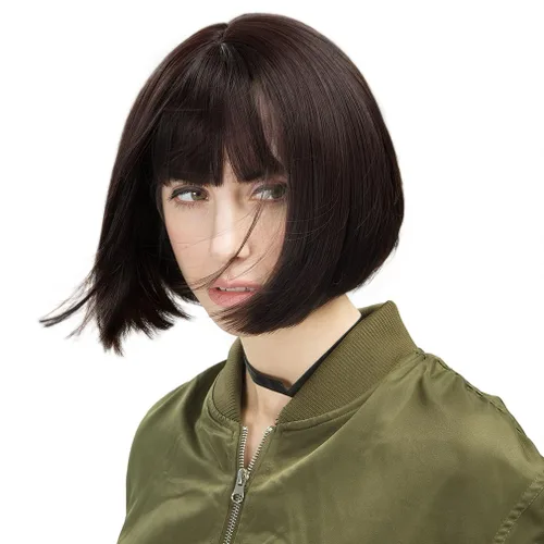 REECHO peluca corta con flequillo, de cabello sintético, para cosplay, para mujeres Marrón oscuro