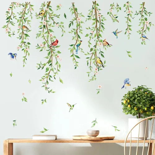 Miniatura 3 de Decalmile Calcomanías Colgantes de Vid de Pared Adhesivos de Hojas Verdes con Pájaros para Dormitorio Sala de Estar Oficina Cocina Decoración