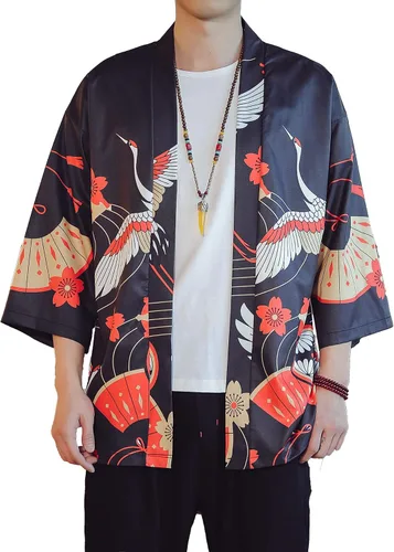 Miniatura 17 de PRIJOUHE Chaqueta Kimono Ligera para Hombre de Manga Tres Cuartos con Frente Abierto Cárdigan Estilo Japonés