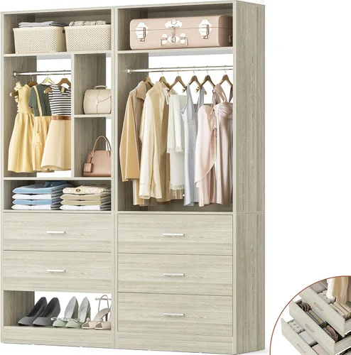 Miniatura 14 de Besiost Sistemas de Armario de 4 Pies con 5 Cajones de Madera, Sistema Organizador de Armario de 48 Pulgadas con 2 Barras Colgantes y 7 Estantes
