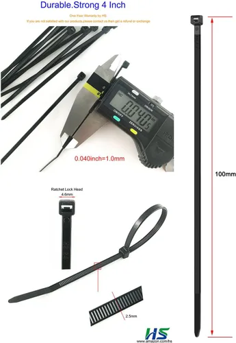 Miniatura 2 de HS Bridas de plástico duraderas de 4 pulgadas (paquete de 1000 unidades) pequeñas envolturas finas de nailon autobloqueantes de 18 libras para Negro