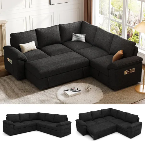 Miniatura 11 de Sofá Seccional Modular de 85 Pulgadas con Cama Extraíble, Sofá Cama Seccional en Forma de L de 5 Asientos con Almacenamiento, Sofás Seccionales