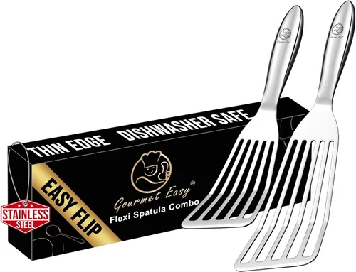 Juego de espátulas de pescado de acero inoxidable – 1 espátula grande para pescado + 1 espátula pequeña de metal, borde ultra delgado para voltear y