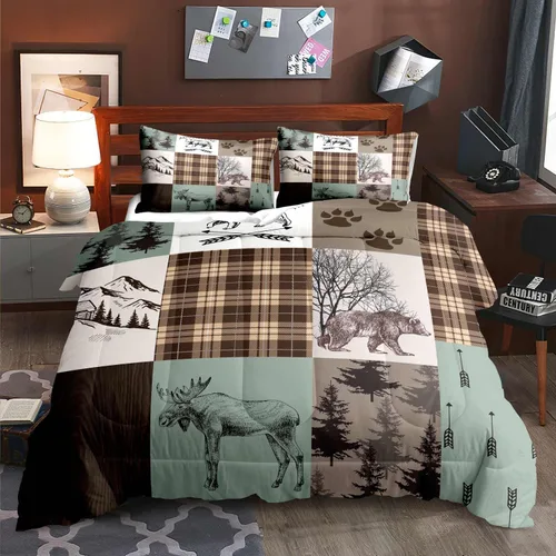 Miniatura 13 de LUVIVIHOME Juego de edredón de 3 piezas con diseño de osos negros y ciervos tamaño King, con estampado de alces, alces, patos Mallard, animales Oso